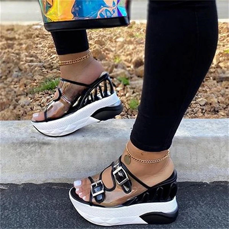 2020 летние женские прозрачные сандалии на платформе танкетке Модная повседневная