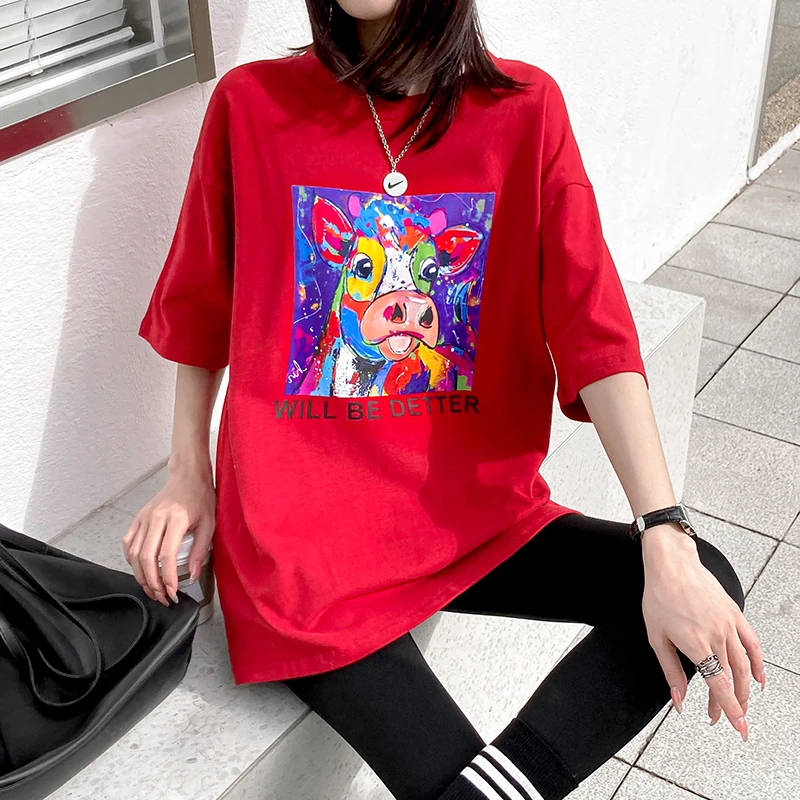 Houthion Summer New Fashion Simplicity Casual Women's T-shirt Cartoon Print O-neck Short Sleeve Top Loose All-match 
Houthion Summer New Fashion Simplicity Casual Women's T-shirt Cartoon Print O-neck Short Sleeve Top Loose All-match