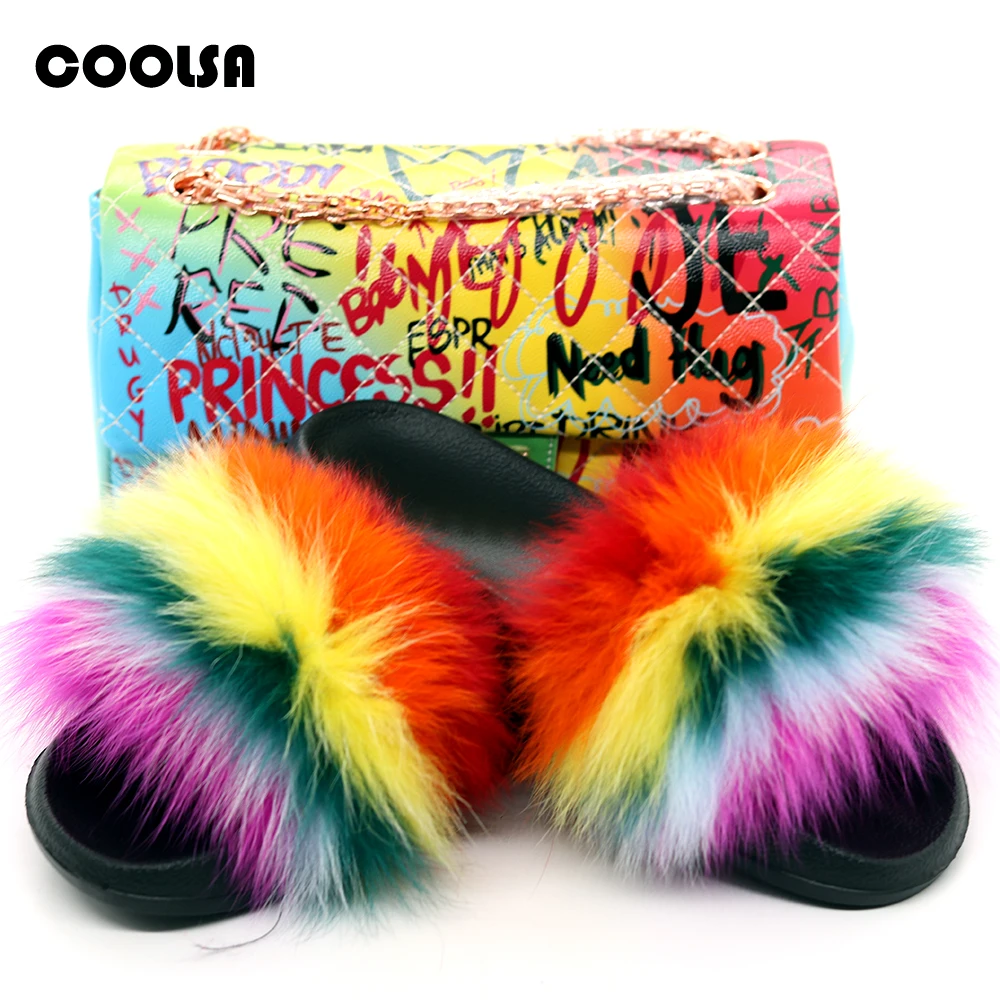 Fluffy Fur Slippers and Purse Set Real Fox Fur Slides Rainbow Jelly Handbags Women Furry Slides Girls Plush Shoes Shoulder Bags
Fluffy Fur Slippers and Purse Set Real Fox Fur Slides Rainbow Jelly Handbags Women Furry Slides Girls Plush Shoes Shoulder Bags