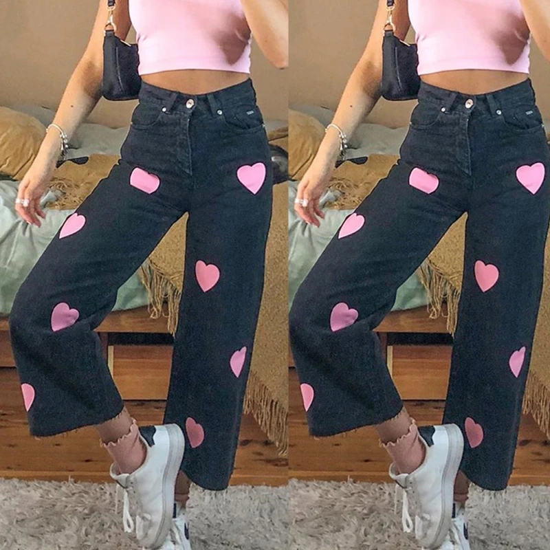 Women High Waist Jeans Harajuku Pink Heart Print Wide Straight Leg Denim Pants M5TE
Women High Waist Jeans Harajuku Pink Heart Print Wide Straight Leg Denim Pants M5TE