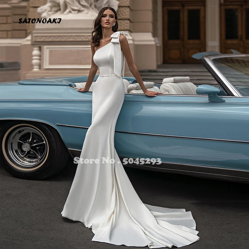 Elegant Satin Mermaid Wedding Dresses Sleeveless One Shoulder With Bows Sashes Button Back Princesa Bridal Gown Vestido De Novia
Elegant Satin Mermaid Wedding Dresses Sleeveless One Shoulder With Bows Sashes Button Back Princesa Bridal Gown Vestido De Novia