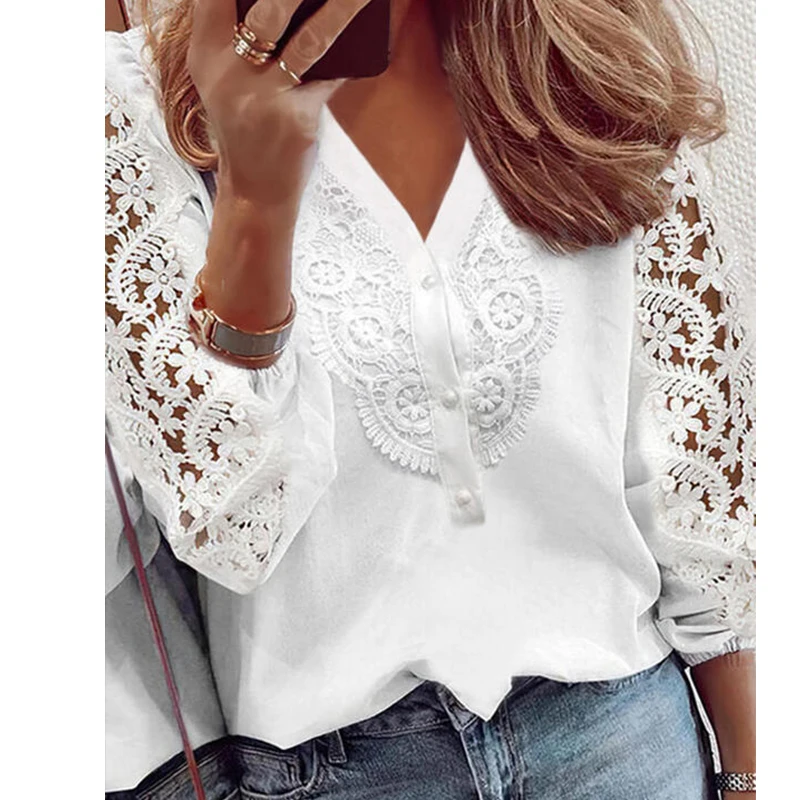 2022 Elegant 5XL Plus Size V-neck Lace Hollow out Women's Long Sleeve T-shirt Loose Top Casual All-match Strapless T-shirt
2022 Elegant 5XL Plus Size V-neck Lace Hollow out Women's Long Sleeve T-shirt Loose Top Casual All-match Strapless T-shirt