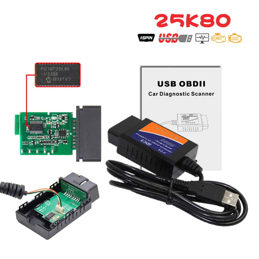 Фото ELM327 USB V1.5 OBD II диагностический кабель с чипом 25K80 OBD2 сканер OBDII для нескольких