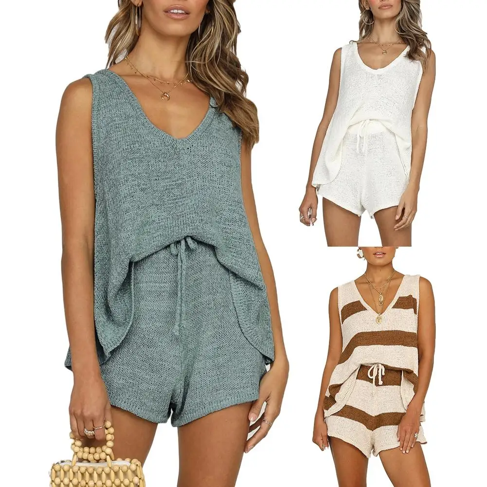 Women Solid Color Sleeveless Vest Top Drawstring Shorts Loose Knitted Outfits Knitted Drawstring Comfortable to Wear women set
Women Solid Color Sleeveless Vest Top Drawstring Shorts Loose Knitted Outfits Knitted Drawstring Comfortable to Wear women set