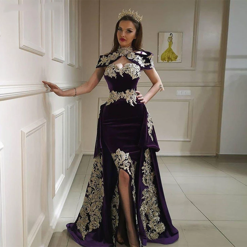 Vintage 3 Piece High Collar Grape Mermaid Evening Dresses Detachable Overskirt Gold Lace Applique Arabic Formal Gowns Prom Dress
Vintage 3 Piece High Collar Grape Mermaid Evening Dresses Detachable Overskirt Gold Lace Applique Arabic Formal Gowns Prom Dress