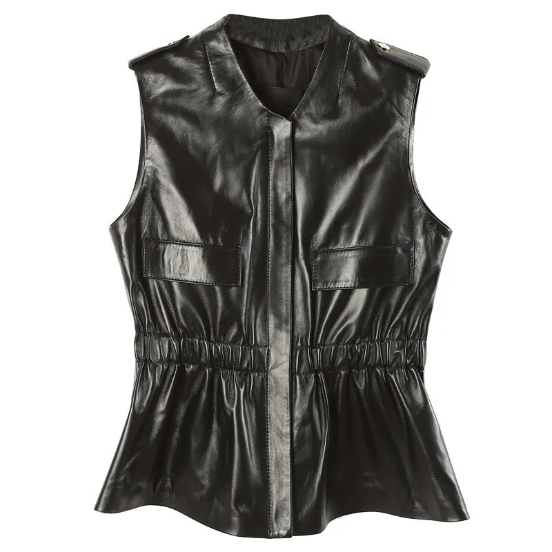Sheepskin Real Leather Vest Women Elastic Waist Ruffles Genuine Leather Sleeveless Jacket Ladies Casual Streetwear Waistcoat Top
Sheepskin Real Leather Vest Women Elastic Waist Ruffles Genuine Leather Sleeveless Jacket Ladies Casual Streetwear Waistcoat Top