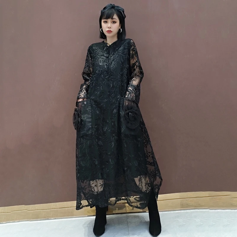 SHENGPLLAE Elegant Temperament Lace Embroidery Mesh Dress Women's Spring 2021 New Round Neck Loose Long Sleeve Mid-calf Dresses 
SHENGPLLAE Elegant Temperament Lace Embroidery Mesh Dress Women's Spring 2021 New Round Neck Loose Long Sleeve Mid-calf Dresses
