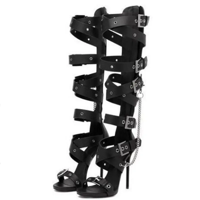 New Women Black Knee High Boots Stiletto Heels Open Toe Buckle Strap Chains Long Boots Back Zipper Summer Sandals Boots Woman
New Women Black Knee High Boots Stiletto Heels Open Toe Buckle Strap Chains Long Boots Back Zipper Summer Sandals Boots Woman