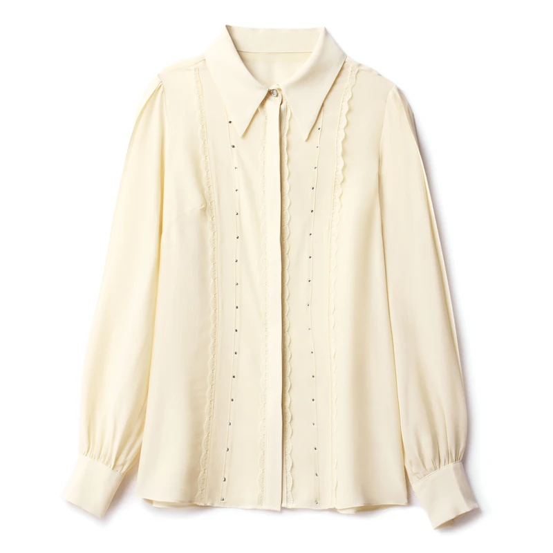100% Silk Women's Shirt Turn Down Collar Long Sleeves Lace Piping Beaded Fashion Blouse Camisa Tops
100% Silk Women's Shirt Turn Down Collar Long Sleeves Lace Piping Beaded Fashion Blouse Camisa Tops