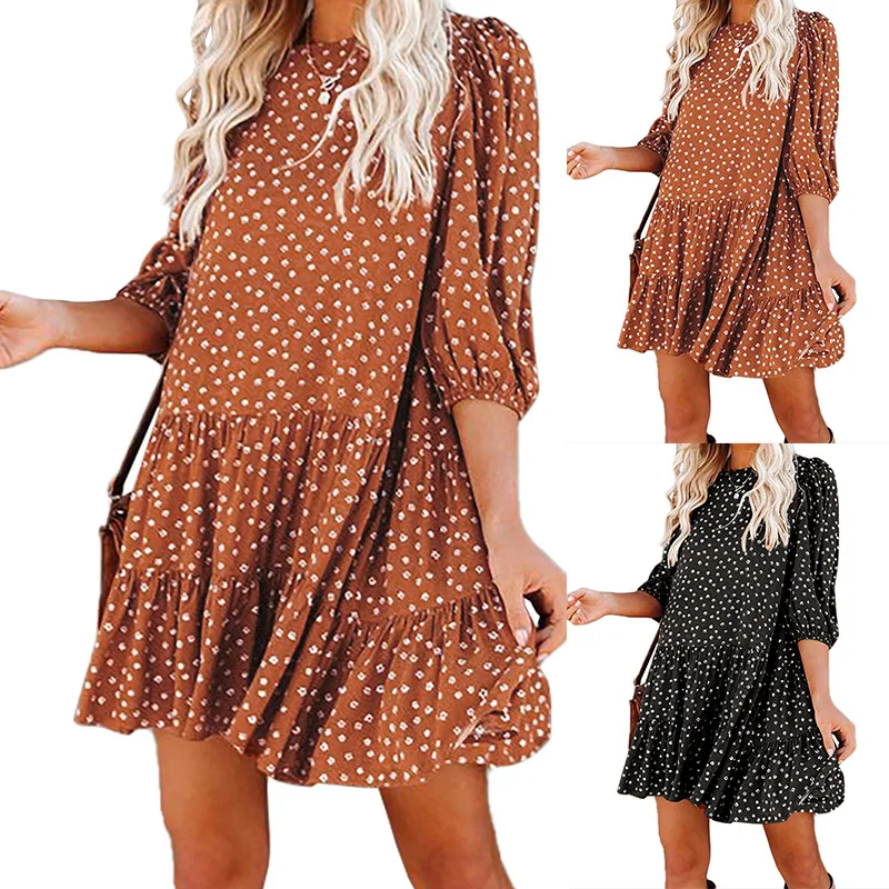 Женское платье в горошек, с круглым вырезом и рукавами-фонариками
Женское платье в горошек, с круглым вырезом и рукавами-фонариками