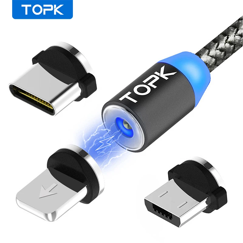 Магнитный кабель TOPK USB Type C/Micro/Lightning для телефонов iPhone/Android 2.4A нейлоновый 1/2