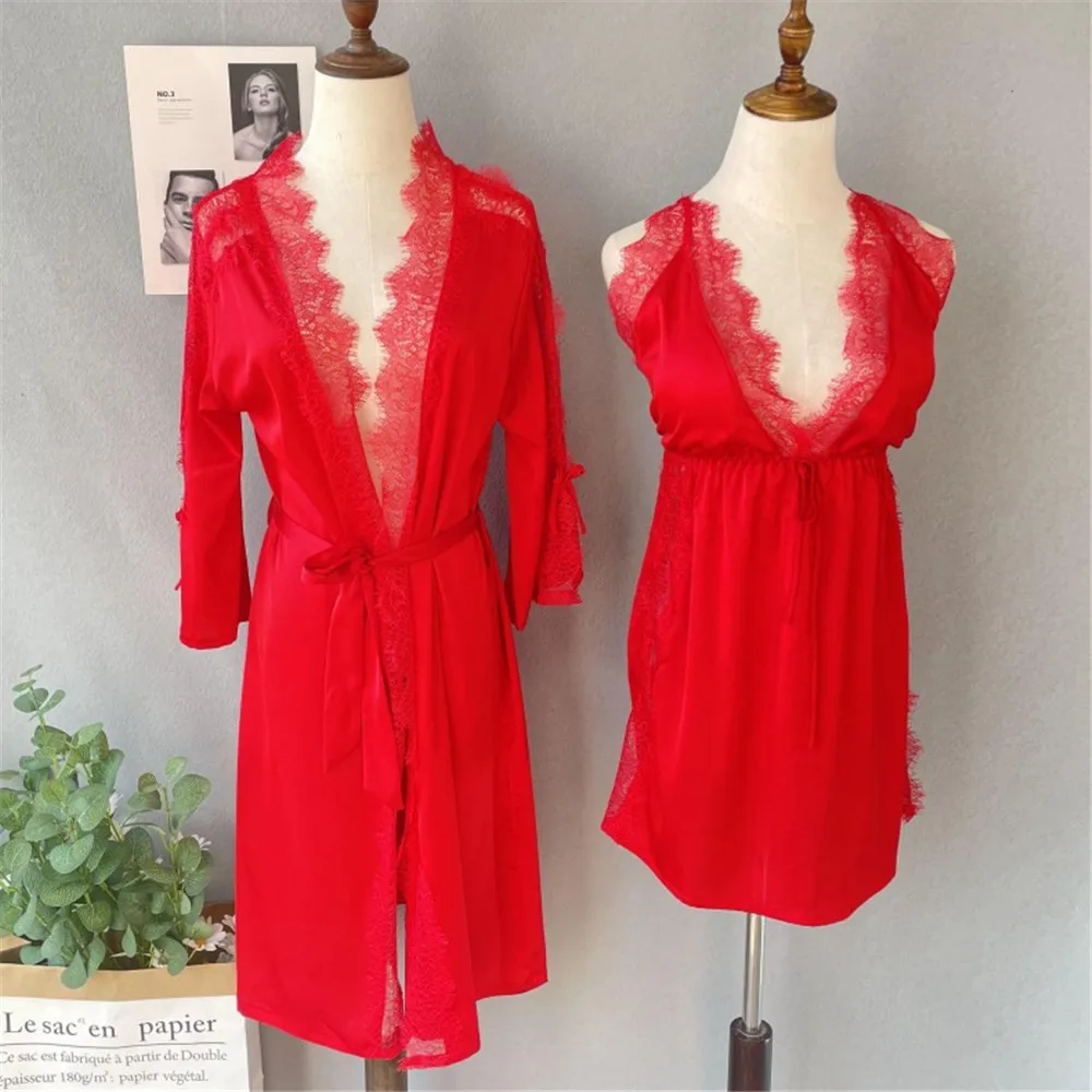 Spring Autumn Sexy Eyelash Lace Patchwork Robe Nightdress 2PCS Sleepwear Homewear Kimono Bathrobe Gown Nightgown
Spring Autumn Sexy Eyelash Lace Patchwork Robe Nightdress 2PCS Sleepwear Homewear Kimono Bathrobe Gown Nightgown