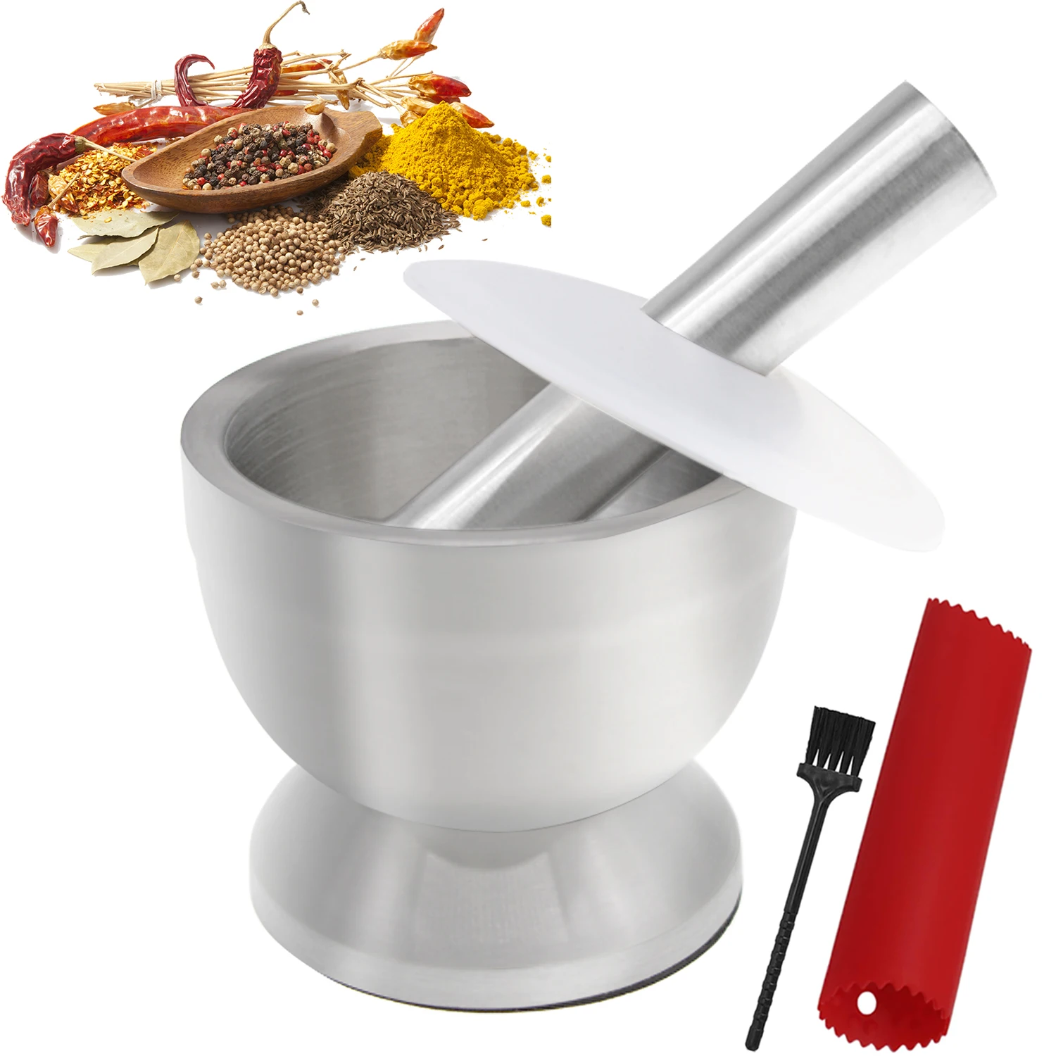 Mortar and Pestle Set, 18/8 Stainless Steel Pill Crusher, 1 Cup Spice Grinder with Silicone Protective Lid, Garlic Peeler & Brus
Mortar and Pestle Set, 18/8 Stainless Steel Pill Crusher, 1 Cup Spice Grinder with Silicone Protective Lid, Garlic Peeler & Brus