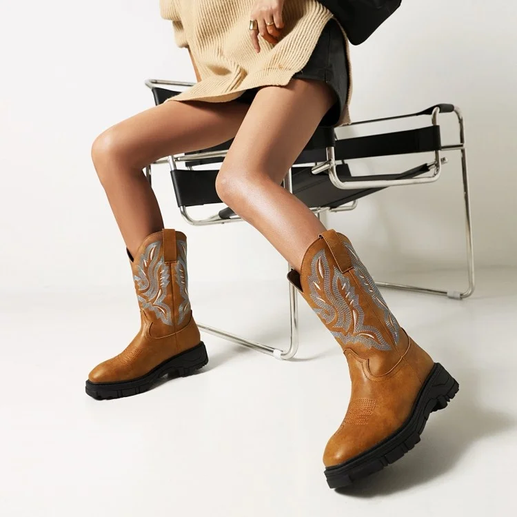 Autumn/winter New Women's Retro Midrange Boots Round Head Midheel Embroidered With Sponge Bottom Sleeve Brown Fashion Boots
Autumn/winter New Women's Retro Midrange Boots Round Head Midheel Embroidered With Sponge Bottom Sleeve Brown Fashion Boots