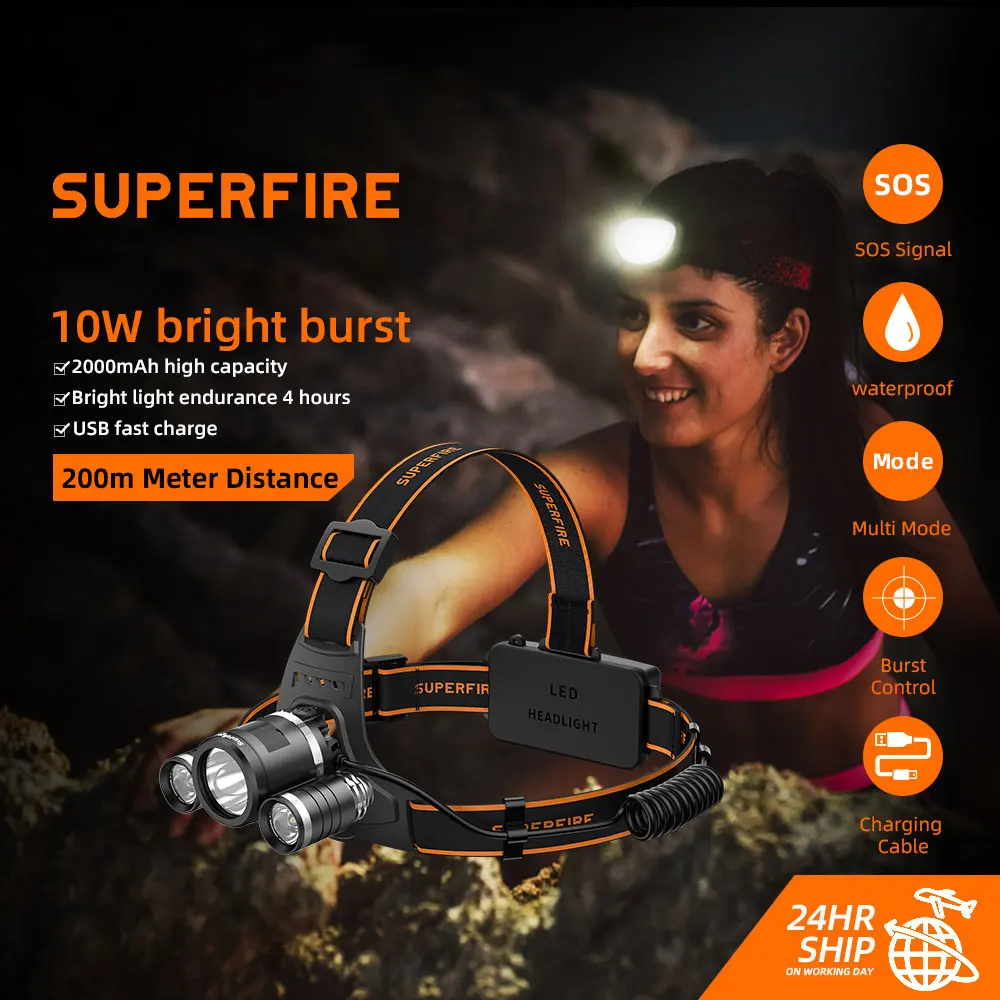 

Supfire HL33 LED Headlamp Three Lights 18650*2 4000mAh Battery Camping Bicycle Fishing Lantern Sports Running Powerful Headlight