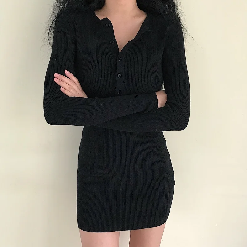 Chest Buttoned Sexy Tight-fitting Long-sleeved Knit Slimming Dress Women Clothes 2020 Party Dress Plus Size Gothic Dresses
Chest Buttoned Sexy Tight-fitting Long-sleeved Knit Slimming Dress Women Clothes 2020 Party Dress Plus Size Gothic Dresses