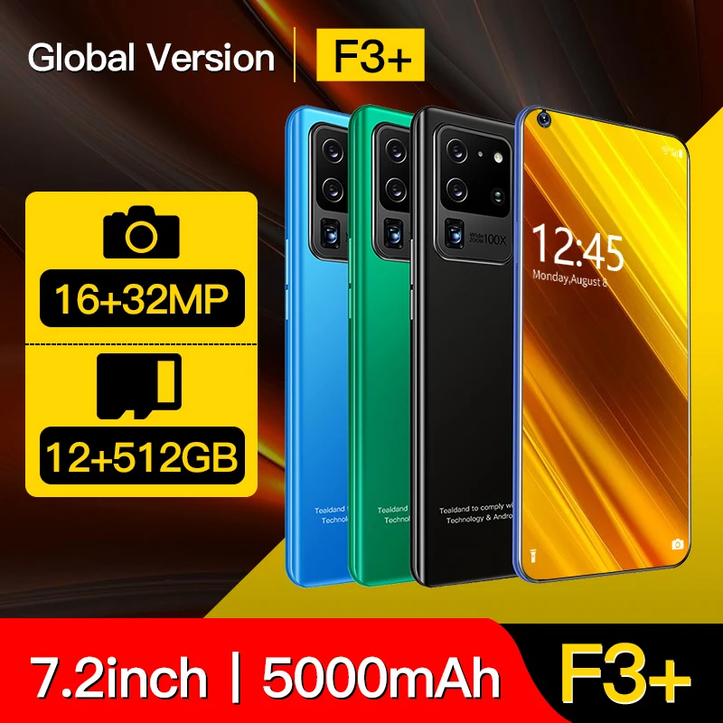 Global Version F3+ Smartphone 7.2 inch 4G 5G 16MP+32MP 12GB+512GB 5000mAh Unlocked Mobile Phones Android CellPhone Celulares 
Global Version F3+ Smartphone 7.2 inch 4G 5G 16MP+32MP 12GB+512GB 5000mAh Unlocked Mobile Phones Android CellPhone Celulares