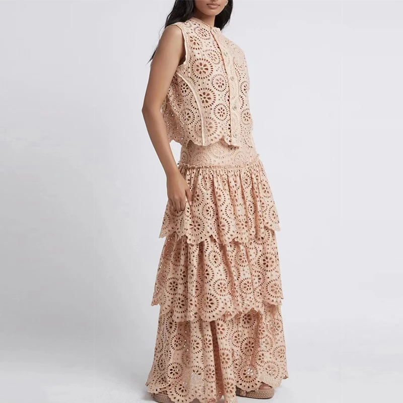 2021 Summer Skirt Set Fashion Dresign Women Solid Hollow Out Sleeveless Top+High Waist Multiple flounces Skirt 2 Pieces Set
2021 Summer Skirt Set Fashion Dresign Women Solid Hollow Out Sleeveless Top+High Waist Multiple flounces Skirt 2 Pieces Set