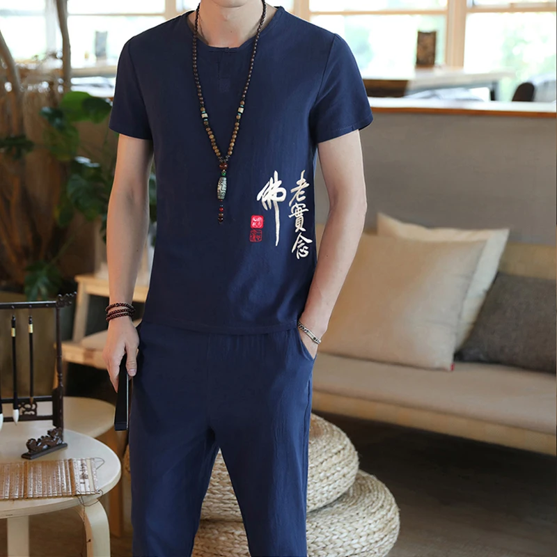 Chinese Men's flax Short Sleeve T Shirts Two Piece Tops+ Seven points pants Kung Fu Shirt Top Tang Suit Vintage Embroidery
Chinese Men's flax Short Sleeve T Shirts Two Piece Tops+ Seven points pants Kung Fu Shirt Top Tang Suit Vintage Embroidery