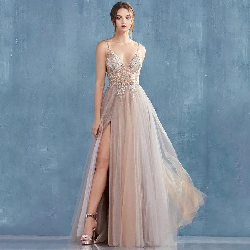 

Новинка 2021, модное великолепное Тюлевое платье-трапеция с Боковым Разрезом, вечернее платье на бретелях-спагетти, блестящее женское платье
