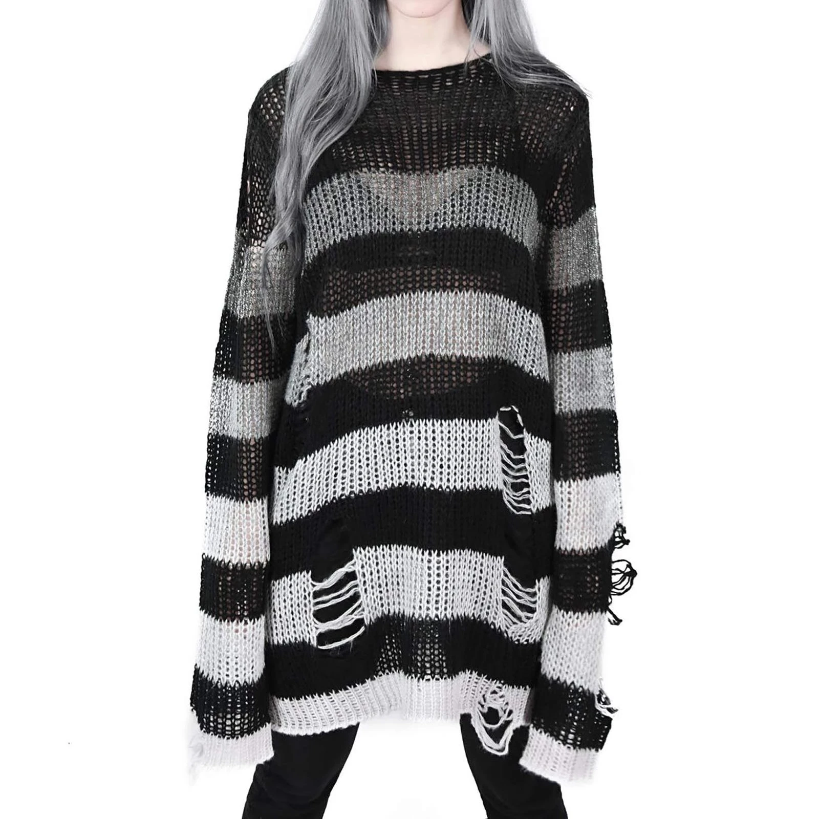 Gothic Striped Long Sweater Punk Thin Stretch Broken Sweater Hollow Slit Spring Knit Top Y2K Clothing
Gothic Striped Long Sweater Punk Thin Stretch Broken Sweater Hollow Slit Spring Knit Top Y2K Clothing
