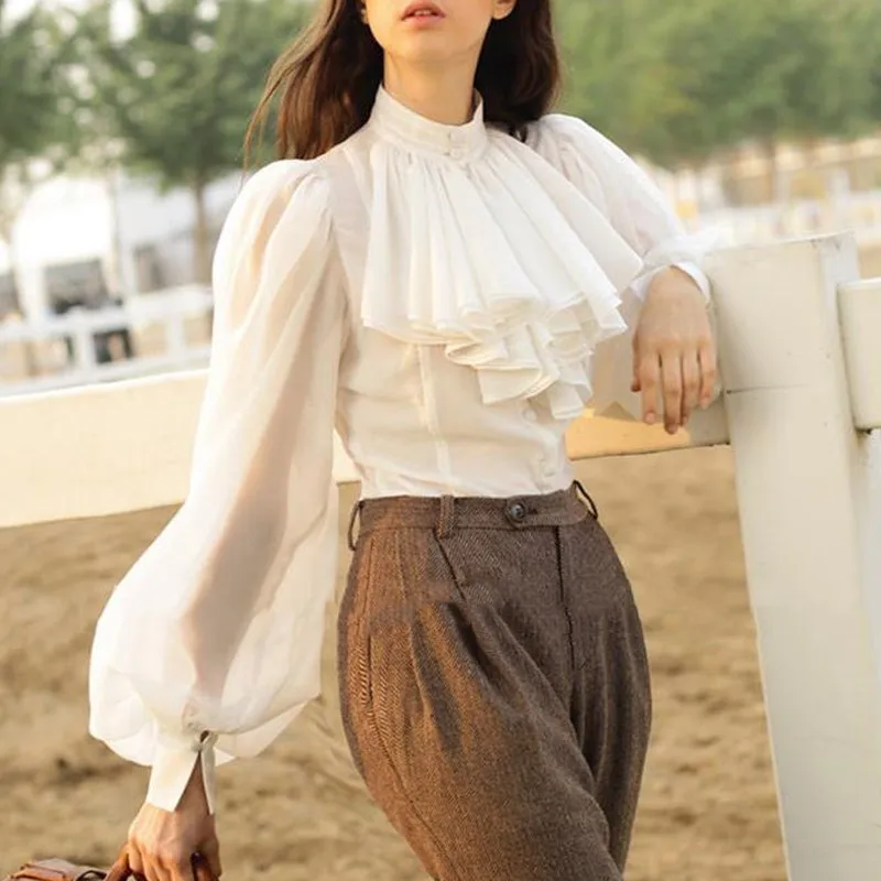 

CHICEVER Chiffon Perspective Shirts Blouse Women Stand Collar Lantern Sleeve Tops Female Elegant Fashion Clothes 2020 Spring New