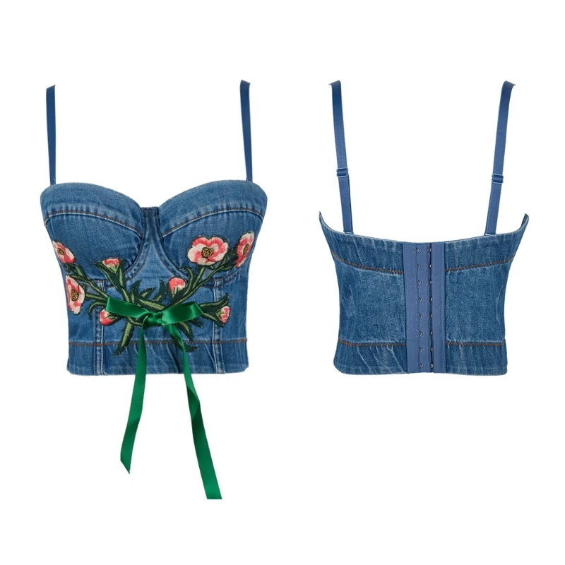 Women Retro Washed Denim Bustier Bra Ribbon Bow Embroidery Floral Camisole Vest Sexy Spaghetti Strap Corset Crop Tops 
Women Retro Washed Denim Bustier Bra Ribbon Bow Embroidery Floral Camisole Vest Sexy Spaghetti Strap Corset Crop Tops