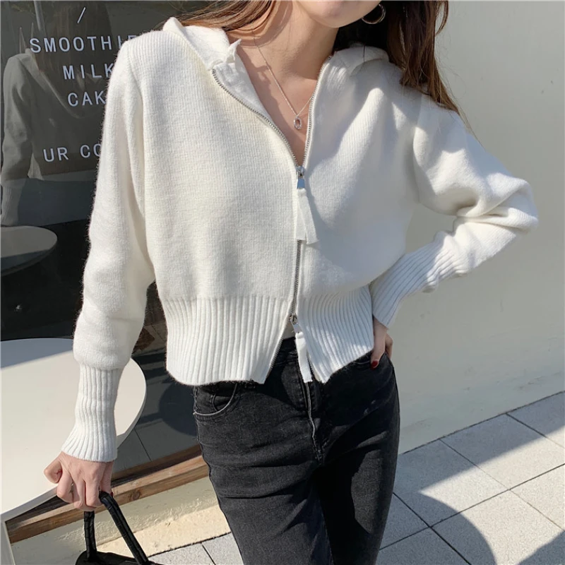 Hooded Long Sleeve Knitt Vintage Stripe Casual Short fashion double zipper Hooded knitted Sweater Cardigan Women Coat 866B
Hooded Long Sleeve Knitt Vintage Stripe Casual Short fashion double zipper Hooded knitted Sweater Cardigan Women Coat 866B