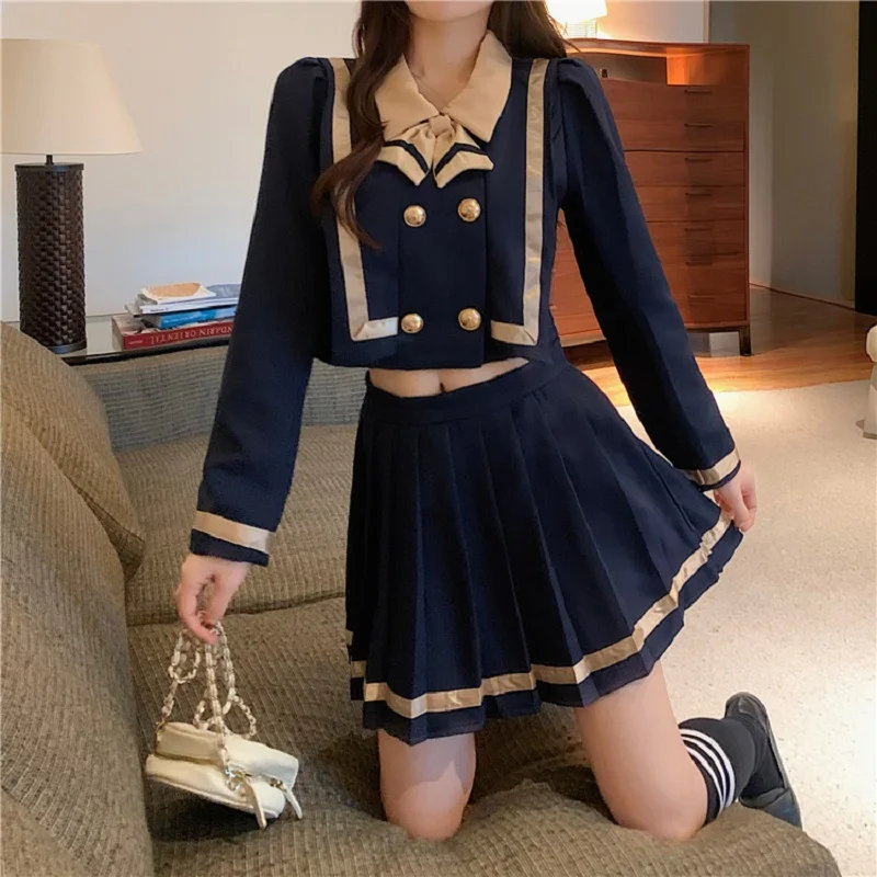 Japanese Korean Style Jk Set Women Long Sleeve School Uniform Student Girls High School Sailor Navy Short Tops And Pleated Skirt 
Japanese Korean Style Jk Set Women Long Sleeve School Uniform Student Girls High School Sailor Navy Short Tops And Pleated Skirt