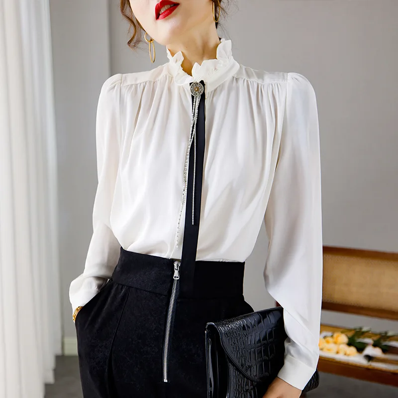 white pleated lotus collar mulberry women silk blouse high quality long sleeve oversize sexy fashion office casual dress shirts
white pleated lotus collar mulberry women silk blouse high quality long sleeve oversize sexy fashion office casual dress shirts