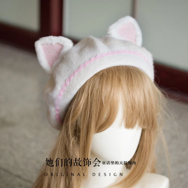Женская теплая винтажная шапка с кошачьими ушками Mori Girl милая шерстяная в стиле
