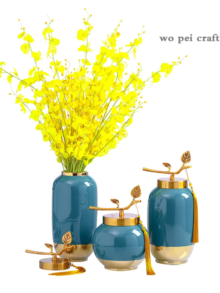 

Blue Ceramic Vase Metal Cover Storage Jar Flower Arrangement Glaze Porcelain Vases Desk Decoration Flower Pot Home Decor Modern