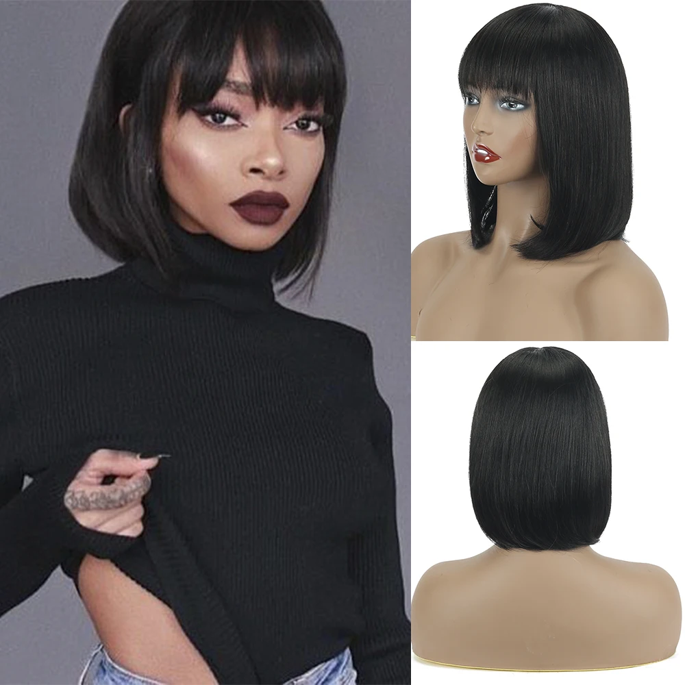 

Colored Straight Human Hair Wigs With Bang Blunt Cut Short Bob Human Hair Wigs with Bangs Ombre Peruvian Remy Hair Full Wigs