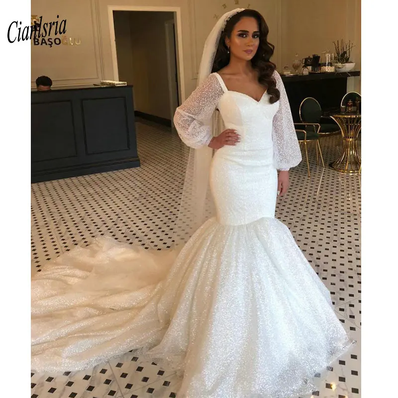Bling Bling Crystal Tulle Sweetheart Mermaid Wedding Dress Long Sleeve Beading Pearls Bridal Wedding Dresses robes de mariée
Bling Bling Crystal Tulle Sweetheart Mermaid Wedding Dress Long Sleeve Beading Pearls Bridal Wedding Dresses robes de mariée