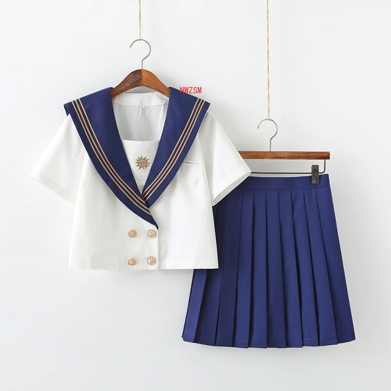 2021 School Unifom Fashion New Golden Sun Embroidery Cosplay Sailor Japanese JK Uniform Short Long Sleeved Tops Pleated Skirt
2021 School Unifom Fashion New Golden Sun Embroidery Cosplay Sailor Japanese JK Uniform Short Long Sleeved Tops Pleated Skirt