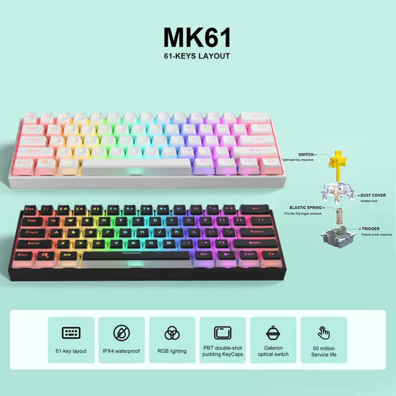 

Проводная игровая механическая клавиатура MK61, оптический выключатель Gateron, 61 клавиша, подсветка NKRO RGB, колпачки клавиш PBT, красный переключат...