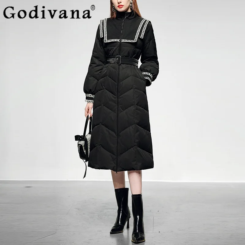 Winter Women's Black Graceful Stand Collar Padded Down Jacket Waist Tight White Duck Down Coat Lady Belted Slimming Parkas
Winter Women's Black Graceful Stand Collar Padded Down Jacket Waist Tight White Duck Down Coat Lady Belted Slimming Parkas