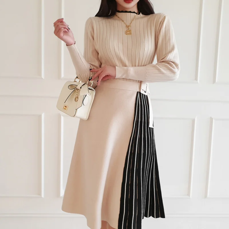 2021 Spring Autumn Elastic Knitted Sweater Dresses Women Color Matching Lace-up Long Dress Lady Fashion Slim Vestidos Femme Robe
2021 Spring Autumn Elastic Knitted Sweater Dresses Women Color Matching Lace-up Long Dress Lady Fashion Slim Vestidos Femme Robe