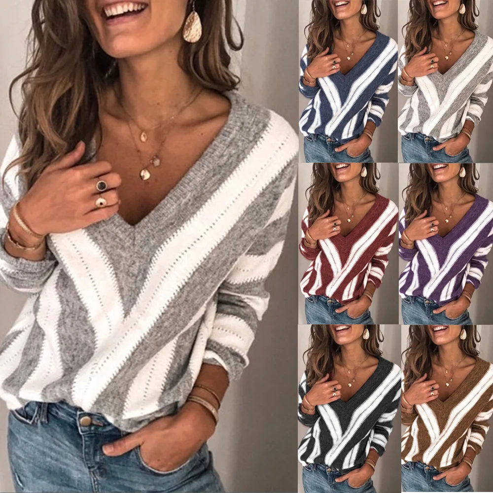 COLDKER Autumn Women's Fashion plus size Sweater Long Sleeve Tops Deep V-neck Striped Pullover Sweater Loose tops ladies
COLDKER Autumn Women's Fashion plus size Sweater Long Sleeve Tops Deep V-neck Striped Pullover Sweater Loose tops ladies