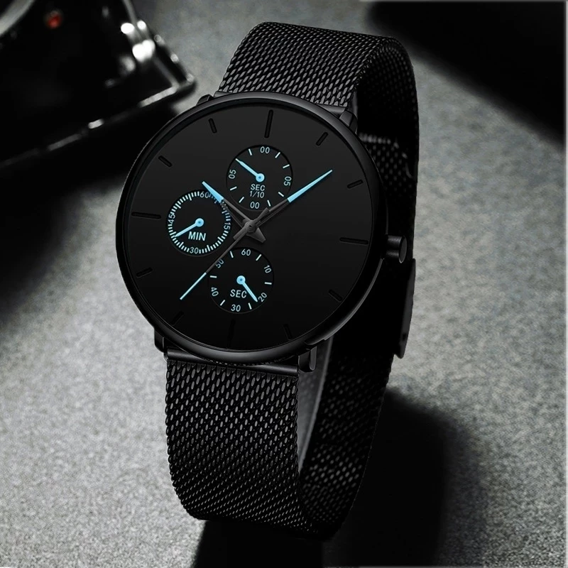 Часы наручные мужские с сетчатым браслетом модные ультратонкие аналоговые