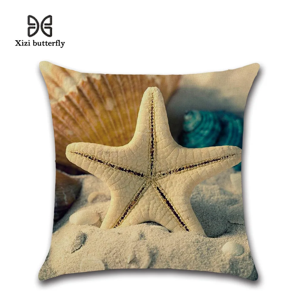 

45x45cm Starfish Pillowcase Cotton Linen Seaside Beach Pillow Case Office Sofa Shell Conch Cushion Cover Waist Home Decorative
