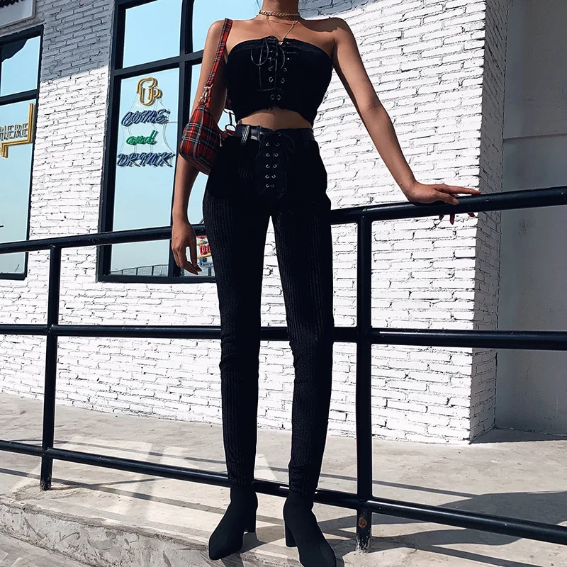 Punk Pants Women Streetwear Knitter PU Patchwork High Waist Trousers Women Bandage Sexy Pants Skinny Trausers Women
Punk Pants Women Streetwear Knitter PU Patchwork High Waist Trousers Women Bandage Sexy Pants Skinny Trausers Women
