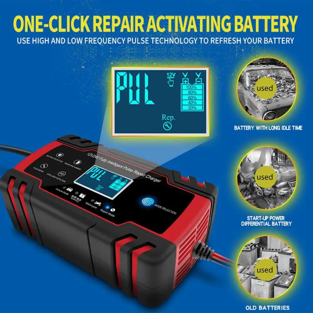 Car Battery Charger 12/24V 8A Touch Screen Pulse Repair LCD Battery Charger For Car Motorcycle Lead Acid Battery 
Car Battery Charger 12/24V 8A Touch Screen Pulse Repair LCD Battery Charger For Car Motorcycle Lead Acid Battery