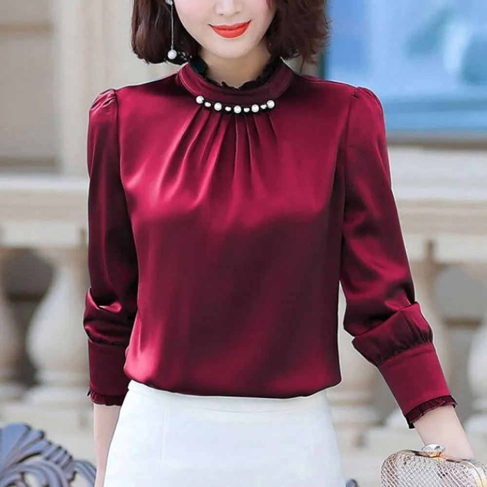 New Satin Blouses Women Long Sleeve Pearl Stand Collar Solid Slim Silk Tee-shirt Office Shirts Tops Solid Casual Blouses Femal
New Satin Blouses Women Long Sleeve Pearl Stand Collar Solid Slim Silk Tee-shirt Office Shirts Tops Solid Casual Blouses Femal
