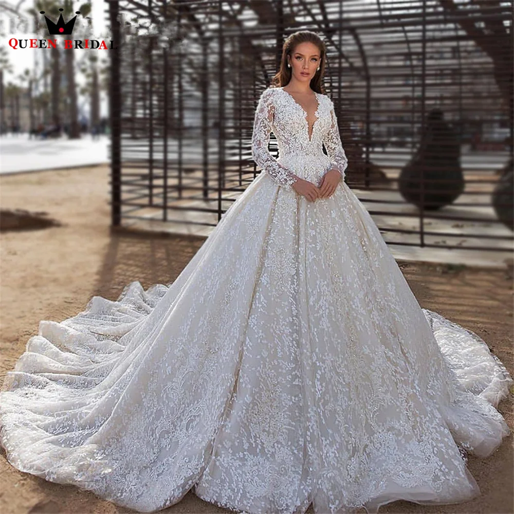 

Luxury Princess Wedding Dresses Puffy Skirt Long Sleeve Tulle Lace Crystal Beaded Bridal Gown 2023 New Design Custom Made DS78