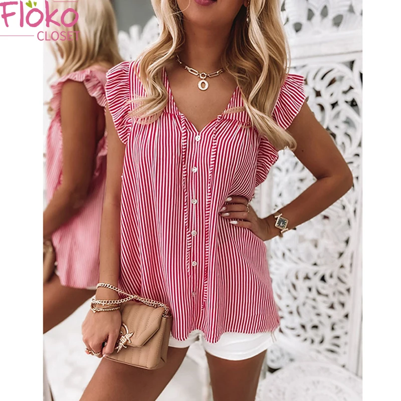 

Flokocloset Summer Stripe Shirt Top Women Casual Loose V-Neck Short Sleeve Ruffles Blouse Elegant Street Style