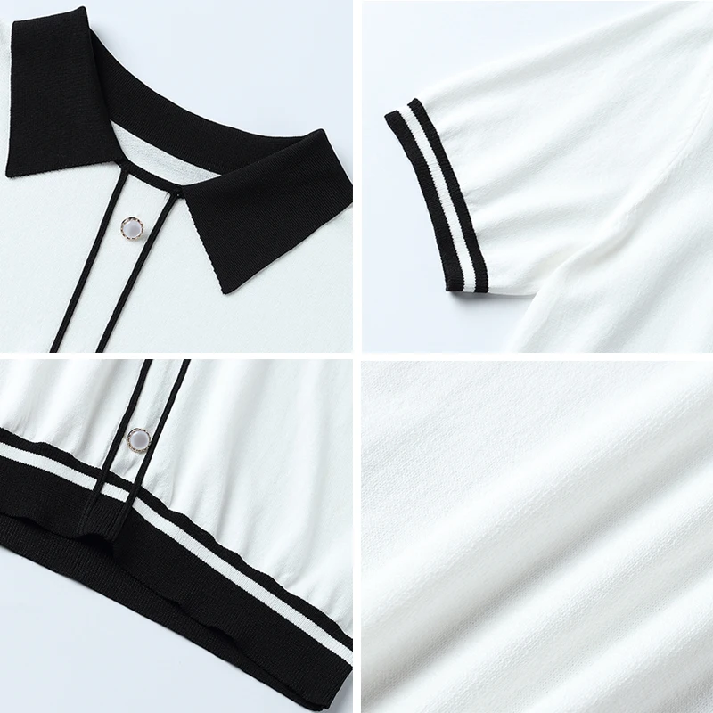 Summer Thin Turn-Down Collar Stripe Knitted T-Shirt Women Korean Style Slim Knitwear Tops Fashion Short Sleeve Tees Female
Summer Thin Turn-Down Collar Stripe Knitted T-Shirt Women Korean Style Slim Knitwear Tops Fashion Short Sleeve Tees Female