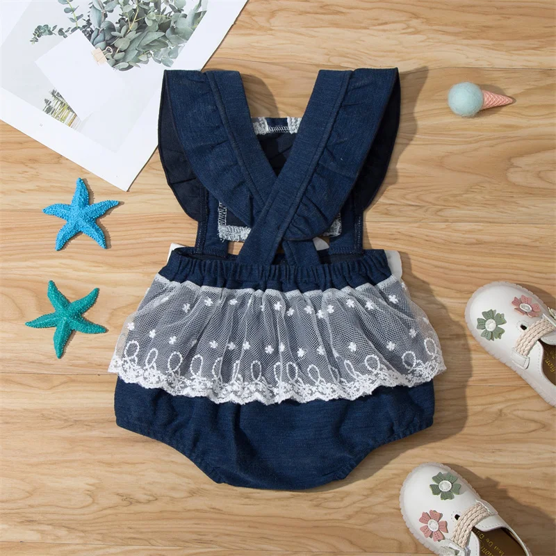 Summer Casual Baby Girl Lace Denim Short Romper Toddlers Sleeveless Square Collar Bow-knot Jumpsuit For 3-18M Infants Playsuits
Summer Casual Baby Girl Lace Denim Short Romper Toddlers Sleeveless Square Collar Bow-knot Jumpsuit For 3-18M Infants Playsuits