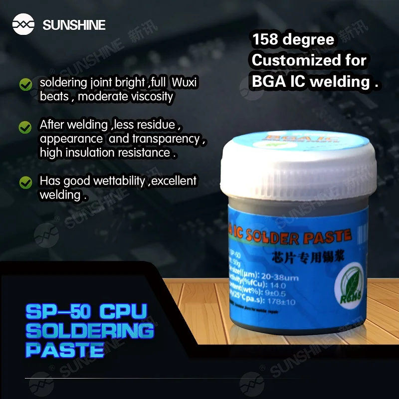 SUNSHINE SP-50 паяльная паста Флюс паяльной пасты 158 градусов средней Температура для нанесения паяльной пасты на печатные платы Мобильный ремонт... 
SUNSHINE SP-50 паяльная паста Флюс паяльной пасты 158 градусов средней Температура для нанесения паяльной пасты на печатные платы Мобильный ремонт...