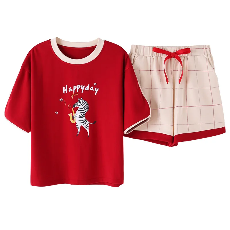 Pajamas girl Summer cute cartoon printing contrast color short sleeve plaid shorts loose home suit
Pajamas girl Summer cute cartoon printing contrast color short sleeve plaid shorts loose home suit